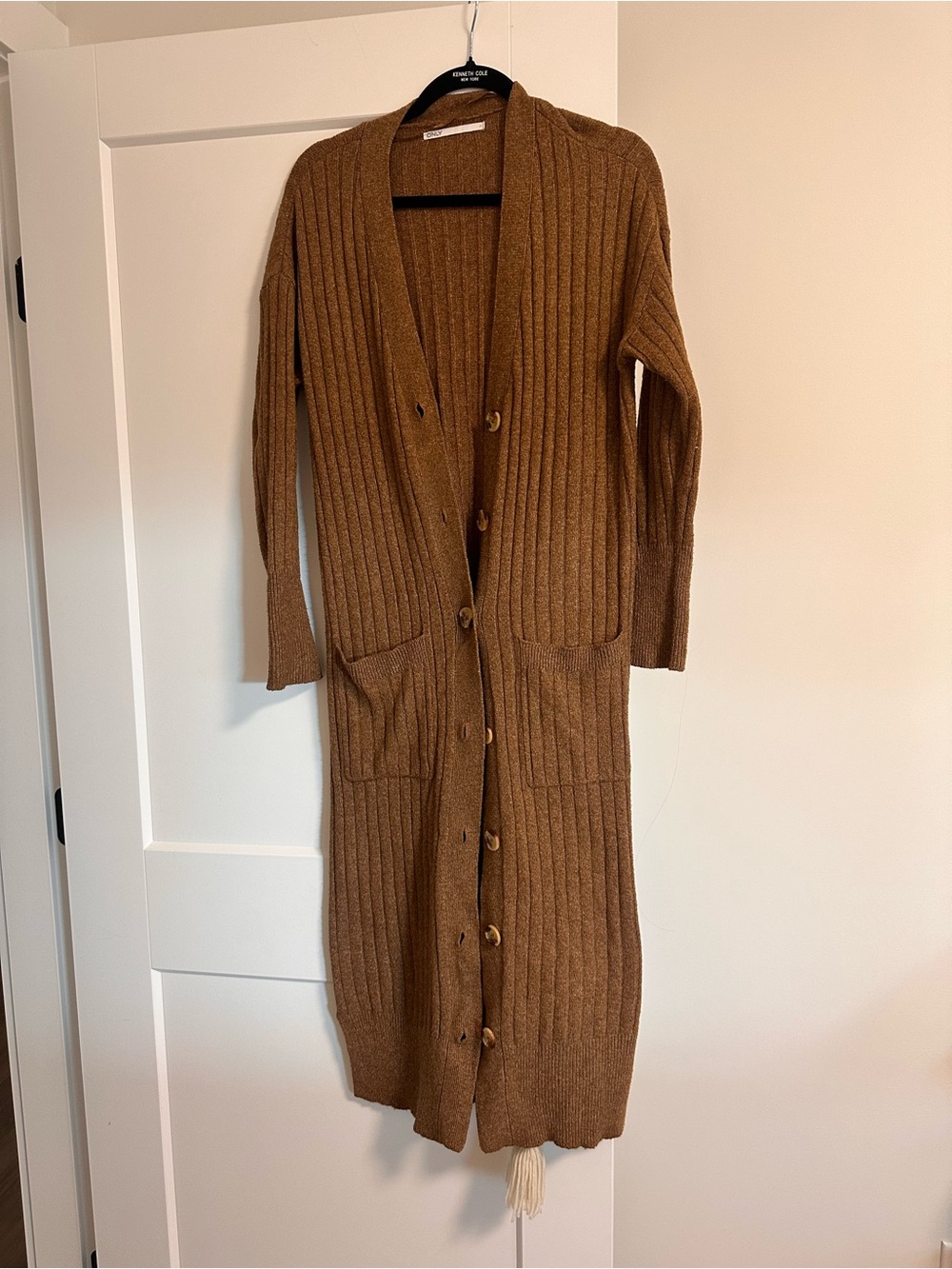 Only Long Ribbed Button-Front Cardigan Sweater - Brown